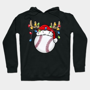 Baseball With Santa Hat Reindeer Antlers Christmas Lights Hoodie